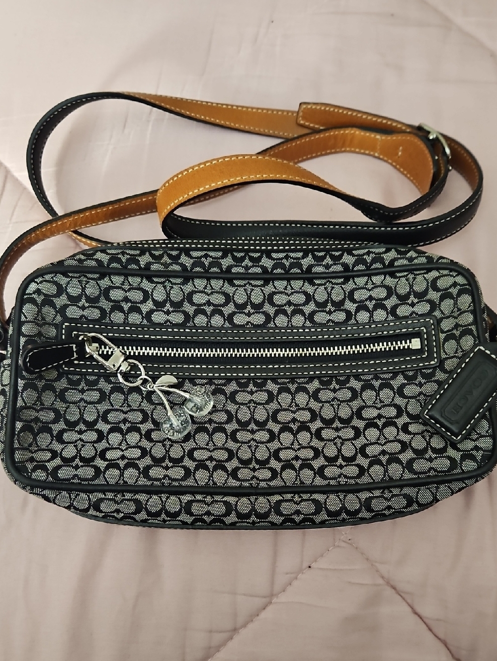 Coach Black & Gray Signature Monogram Crossbody with Tan Strap
